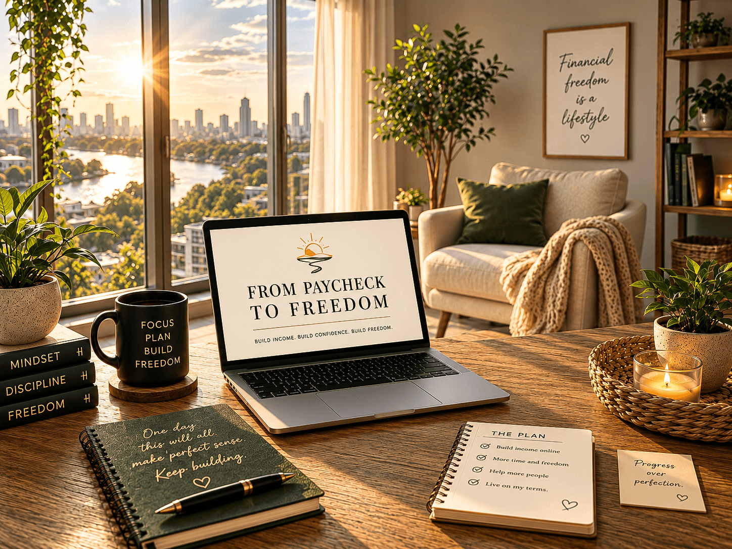 Warm apartment workspace with a laptop displaying From Paycheck To Freedom.