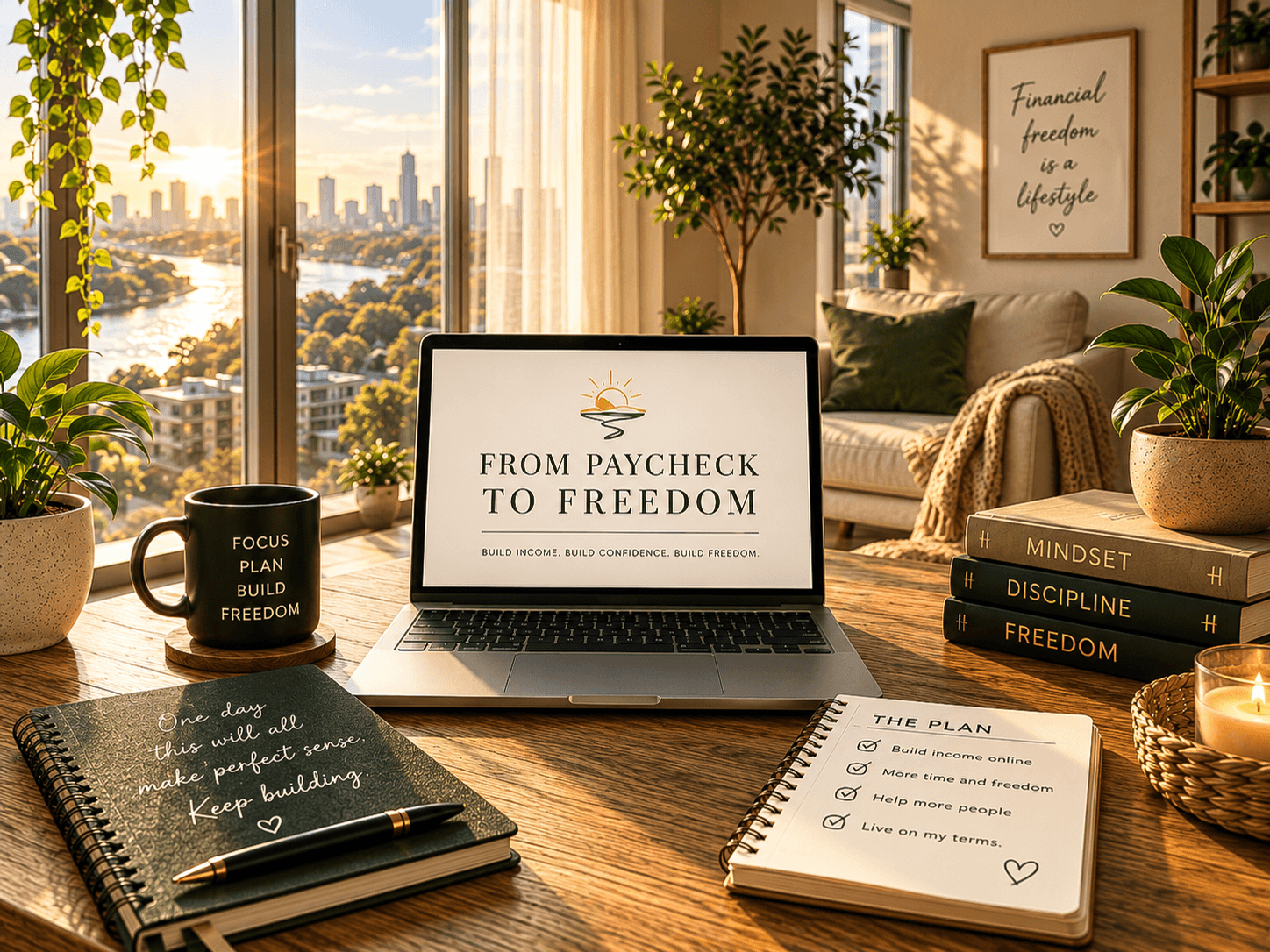 Sunlit home workspace with a laptop displaying From Paycheck To Freedom.